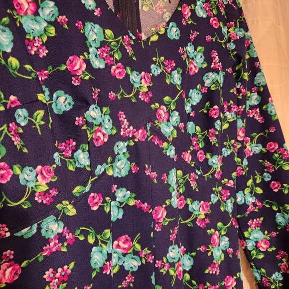🌸 VTG 70s Handmade Floral Maxi Dress Navy Pink Blue Gown 💙 - Picture 5 of 8